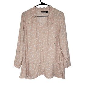 Halogen Blush Pink White Floral Long Sleeve V-Neckline Tie Closure Blouse Large